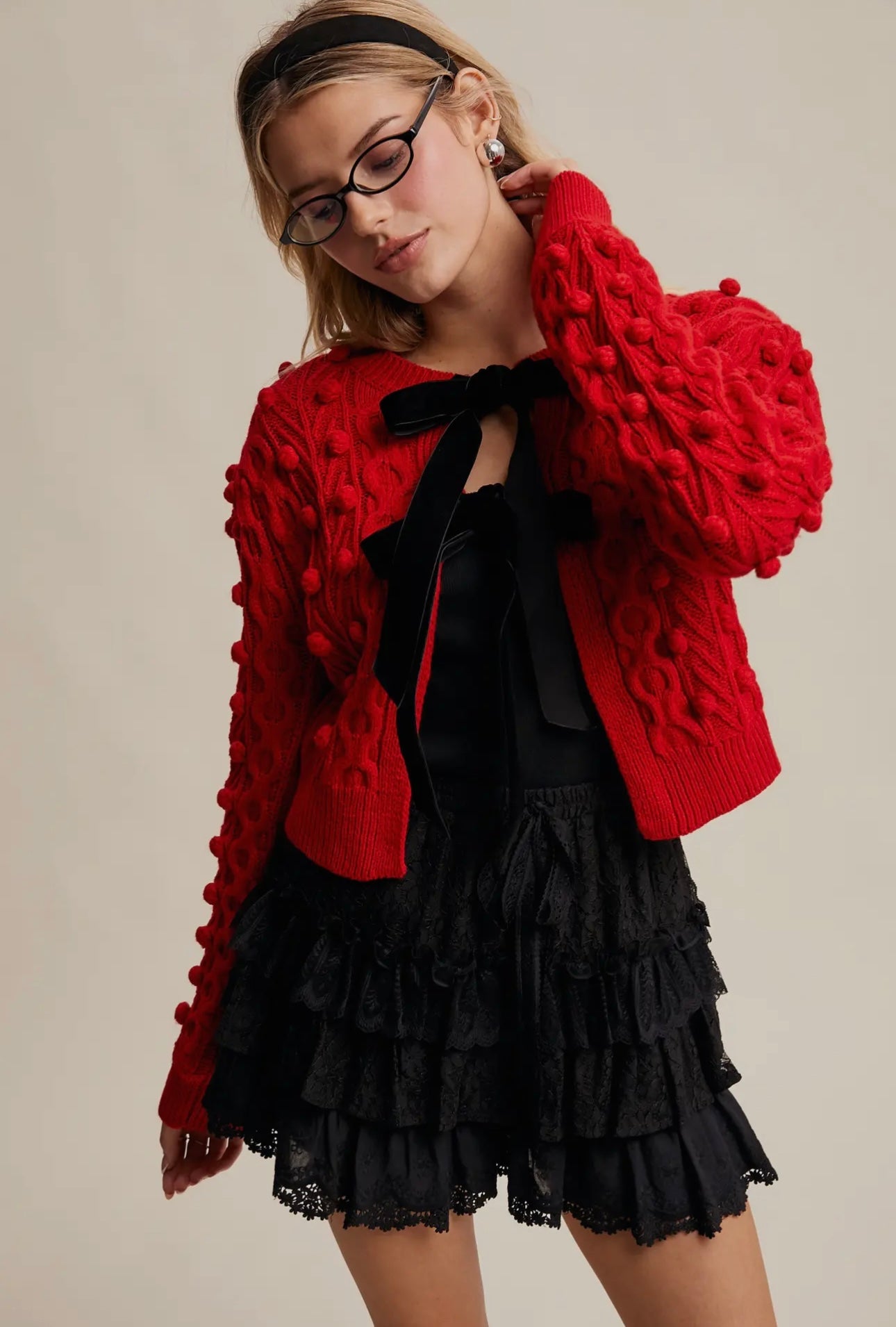 Pom Cable Knit Tie Velvet Bow Cardigan Red/Black