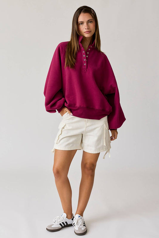 Papermoon Piper Snap Button Collared Sweatshirt-Wine