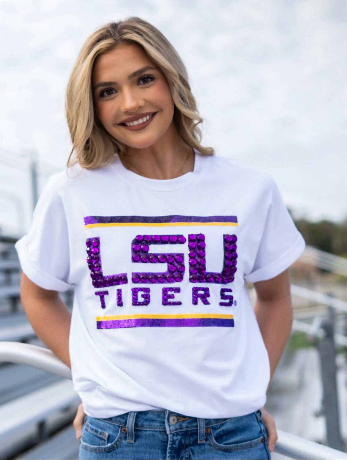 | Lsu Tigers (Licensed) | Women's Sequin + Jewel Design Cuff Sleeve (White)~Bomb Designs💜