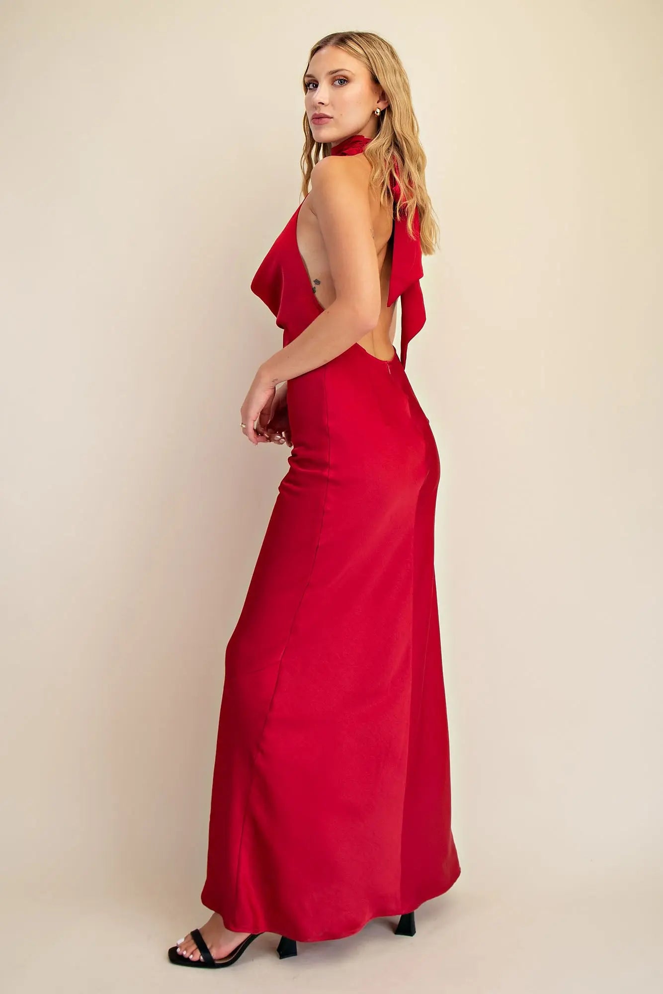 Fierce in Red Scarf Effect Open Back Drape Dress