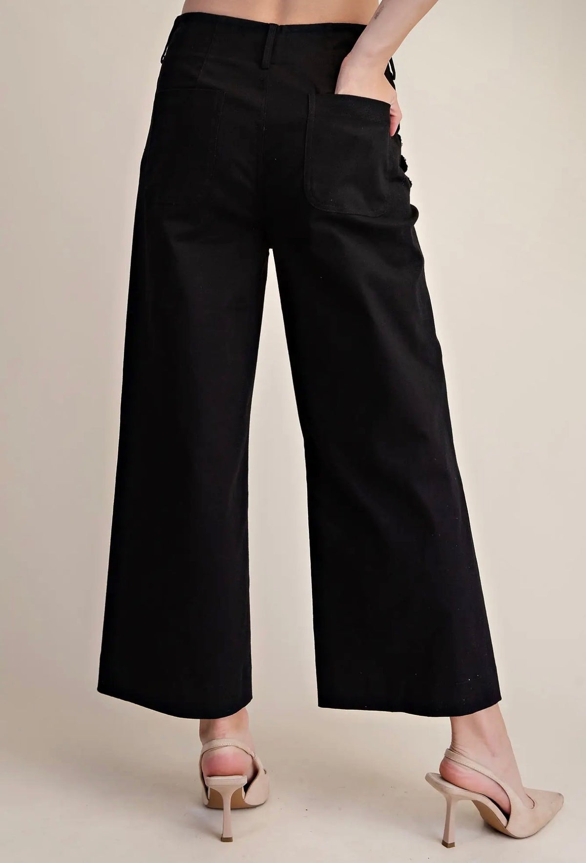 Wide~Leg Scalloped Pocket Detail Pants~ Black