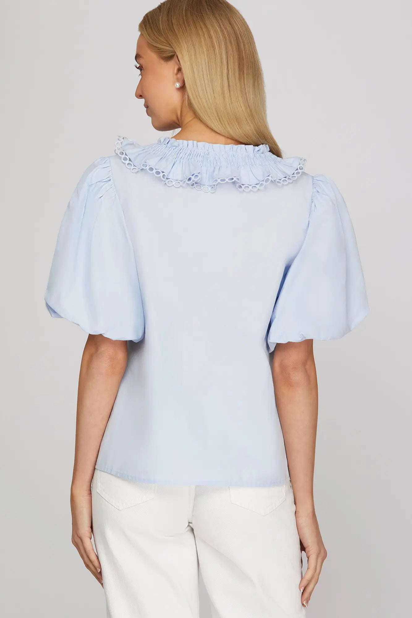 Smocked lace Ruffle Hem Blouse- Baby Blue