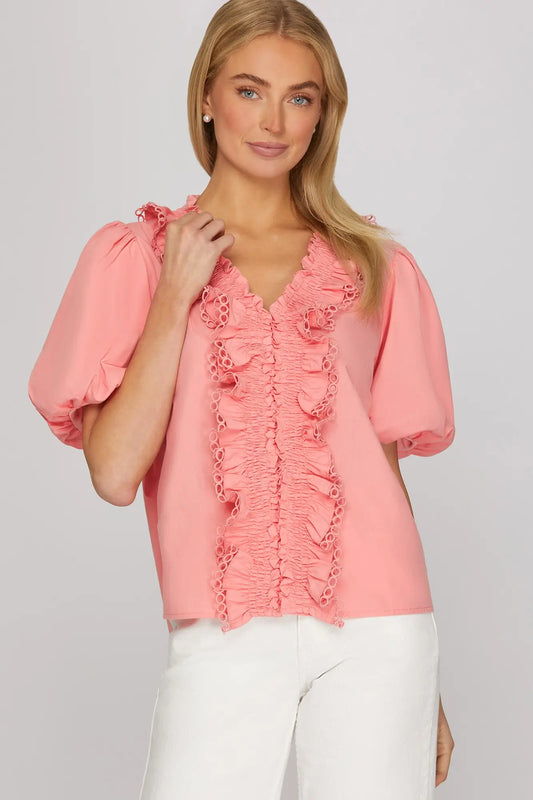 Smocked lace Ruffle Hem Blouse- Bubblegum