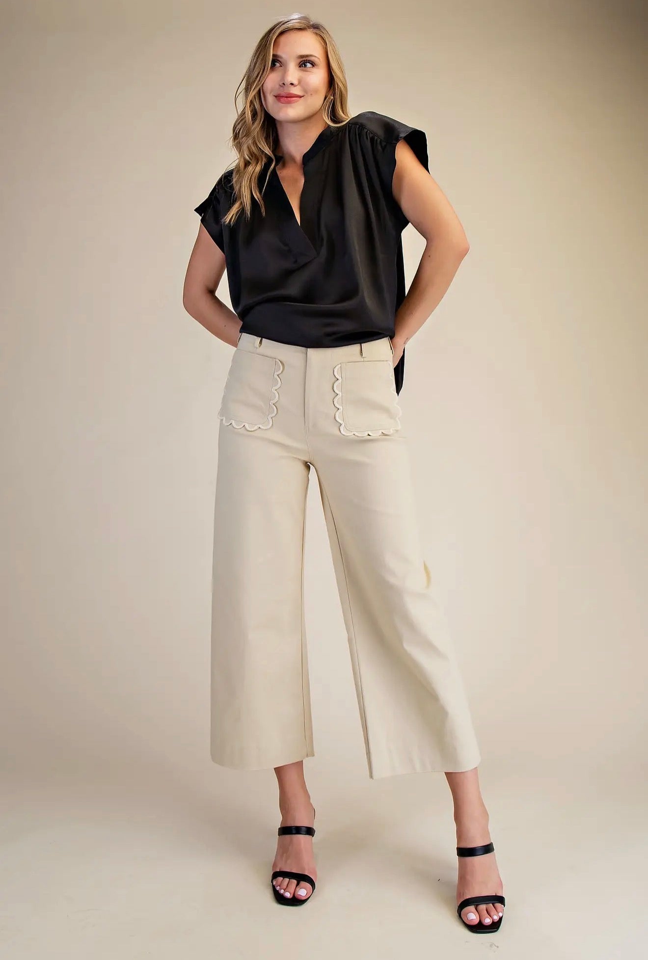 Wide~Leg Scalloped Pocket Detail Pants~ Bone