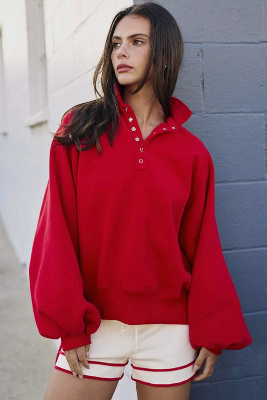 Papermoon Red Piper Snap Button Collared Sweatshirt