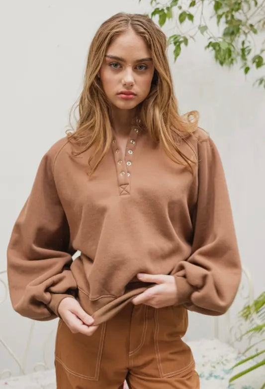 Papermoon Piper Snap Brown Collard Sweatshirt