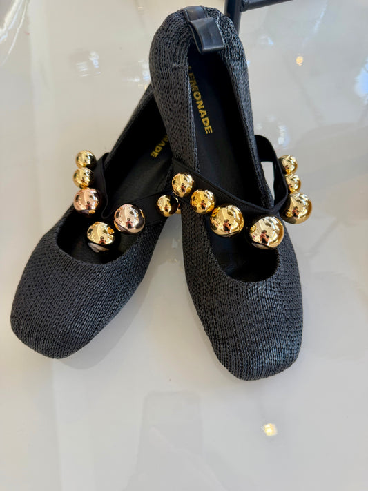 Black Raffia Ballet Flats with Gold Embellishments