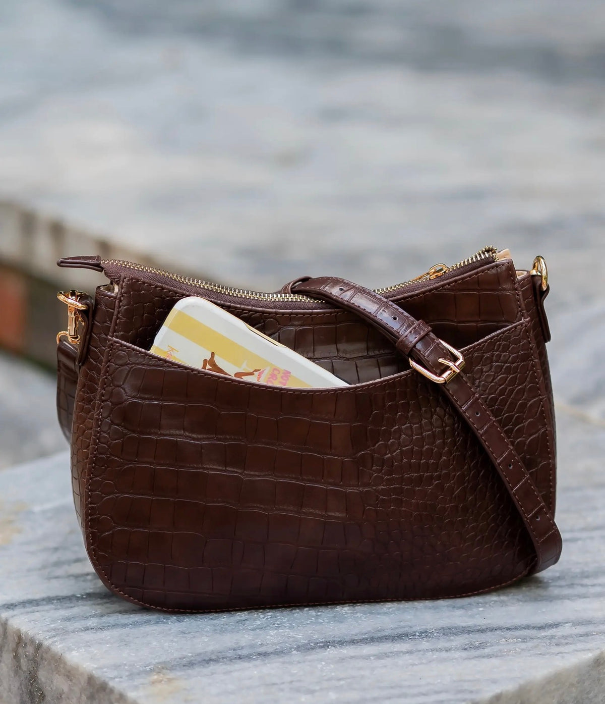Charlee Chocolate Croc-Embossed Vegan Leather Crossbody~Caroline Hill