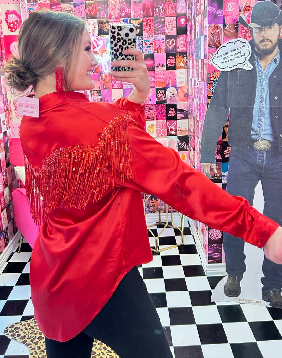 Red Satin Sequin Fringe Blouse