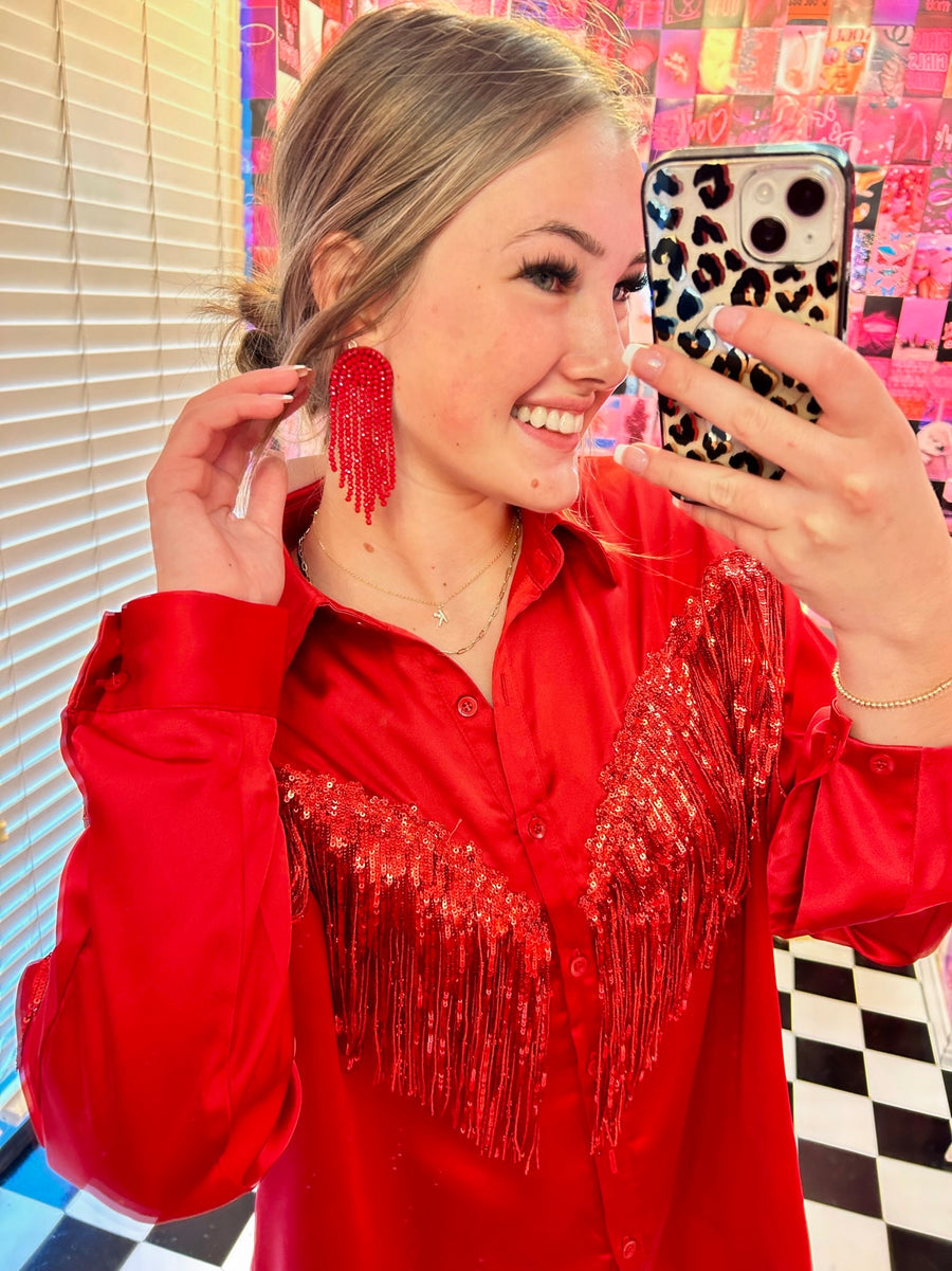 Red Satin Sequin Fringe Blouse