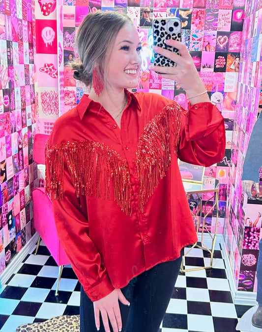 Red Satin Sequin Fringe Blouse