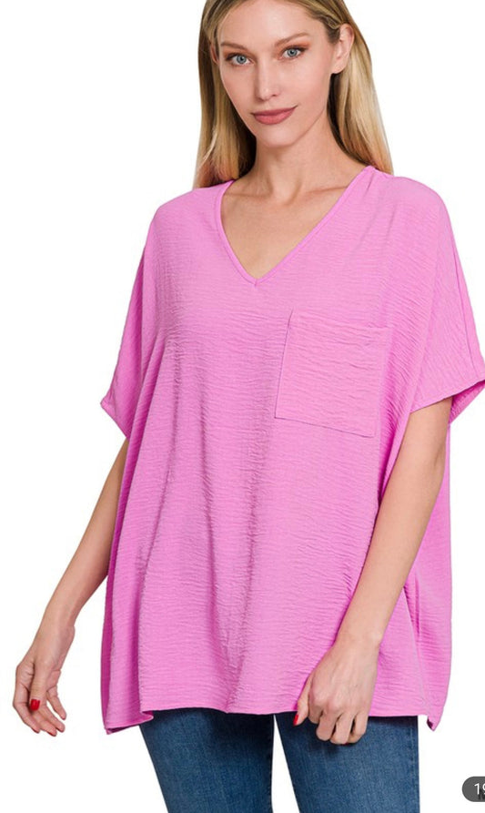 Woven V Neck Top- Candy Pink