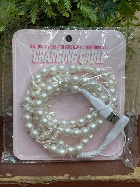 Bows & Pearls Beaded Charger Cable~ DUAL USB-C / USB-A TO DUAL USB-C / LIGHTNING 3 FT