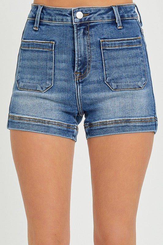 High Rise Patch Pocket Denim Shorts