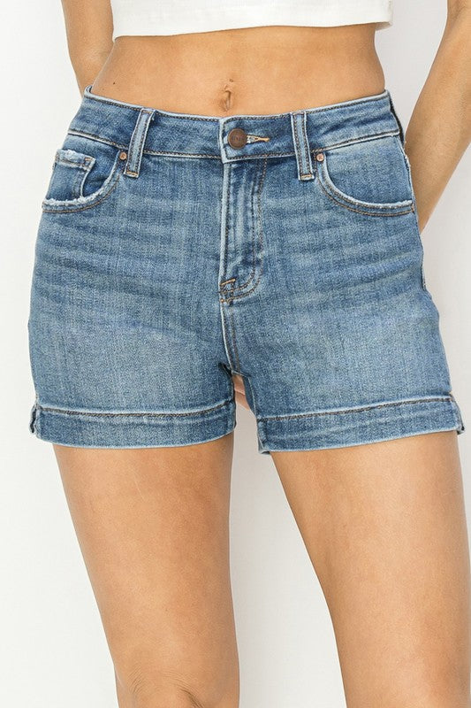 Risen High Rise Side Slit Denim Shorts
