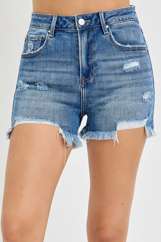Risen High Rise Front Distressed Denim Shorts