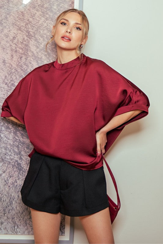 Mock Neck Oversized Top Burgundy