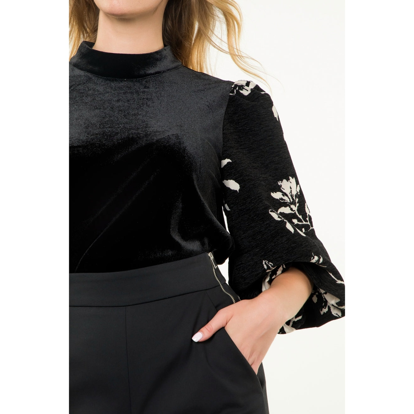 Floral Embroidery Puff Sleeve Black Velvet Top