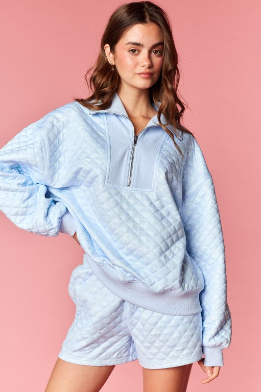 Cozy Sky Blue Quilted Bow Print Set