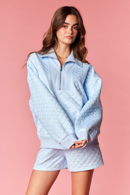 Cozy Sky Blue Quilted Bow Print Set