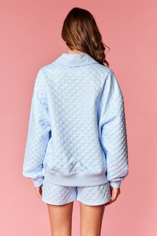 Cozy Sky Blue Quilted Bow Print Set