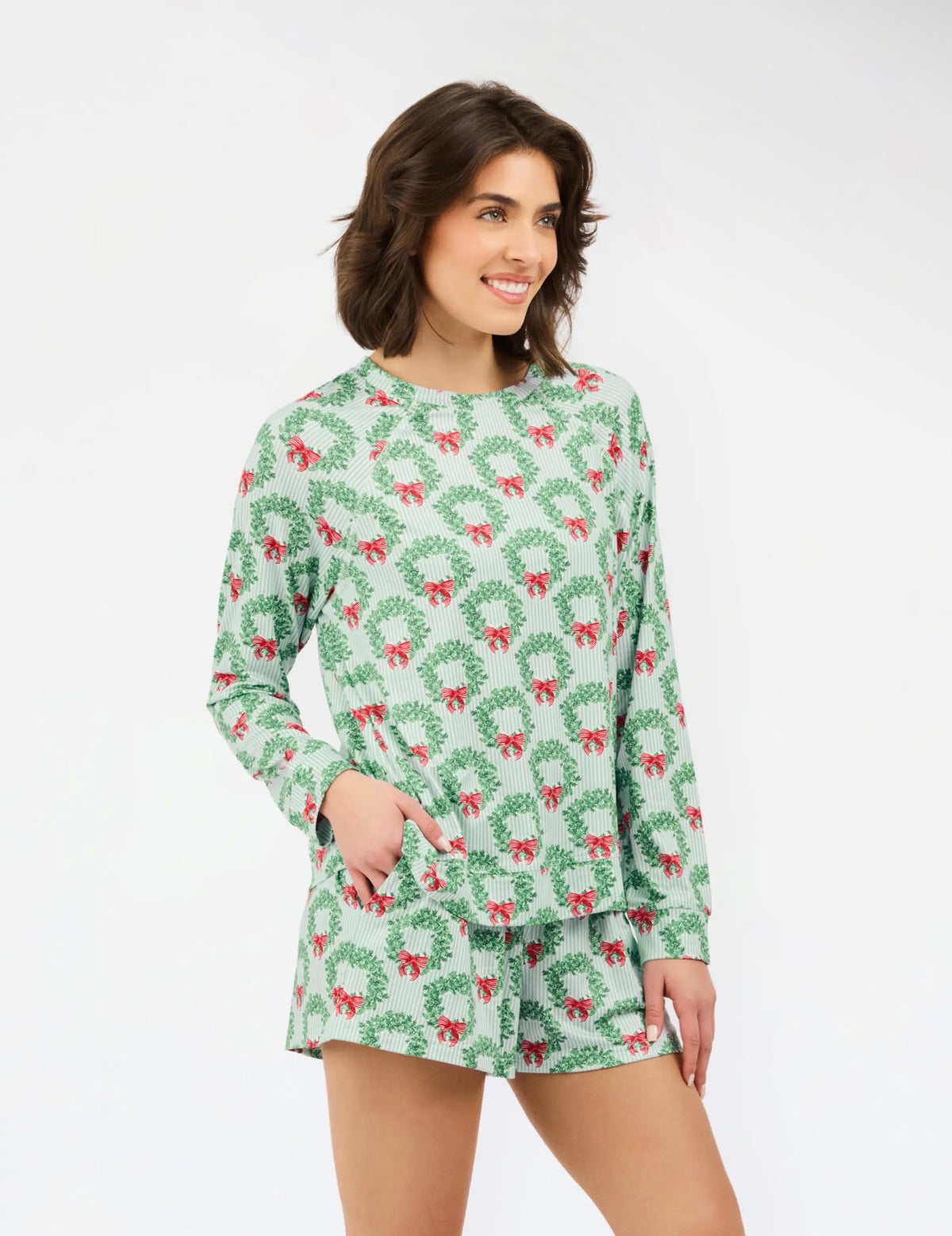 Women's Annie Wreath & RibbonShorts Set Butter Soft | ChristmasPajamas~Mary Square