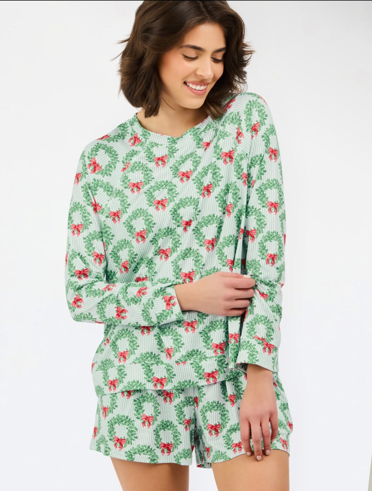 Women's Annie Wreath & RibbonShorts Set Butter Soft | ChristmasPajamas~Mary Square